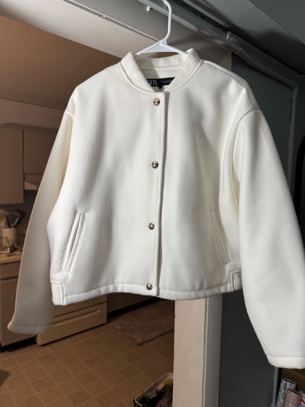 Zara Off-White Button-Front Varsity Jacket